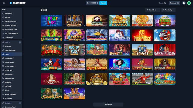 A casino lobby 'Slots' page showing a grid of game tiles with a left sidebar menu and a top bar containing balance, search and account controls.