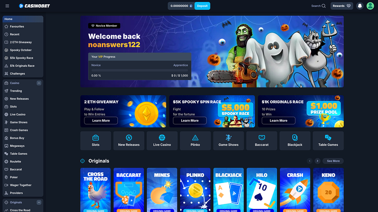 A logged-in online casino lobby shows a Halloween-themed welcome banner, three promotional tiles, a category menu and a row of game tiles.