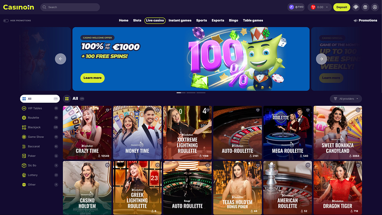 Casinoin — Live dealer lobby