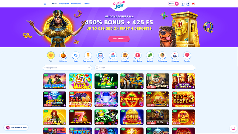 Casino Joy lobby page showing a welcome bonus banner above a grid of game tiles with category icons and search filters.