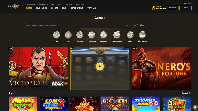 A casino lobby 'Games' page showing a search bar, category icons, three large promotional tiles and a 'Top' row of game tiles.