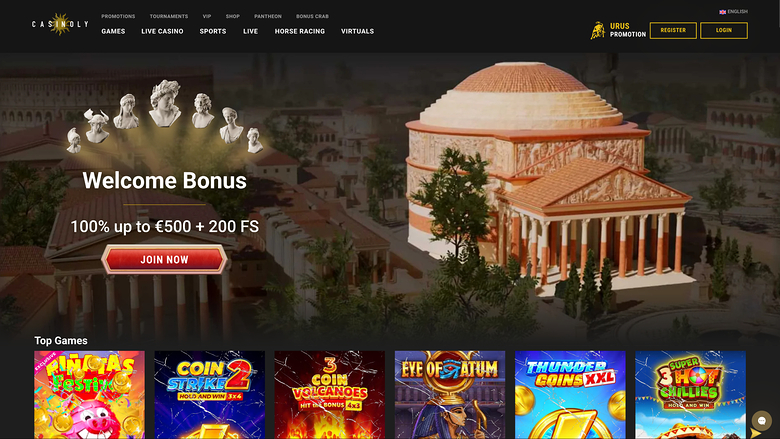 A casino homepage with a classical Roman-style hero banner advertising a welcome bonus above a row of game tiles.