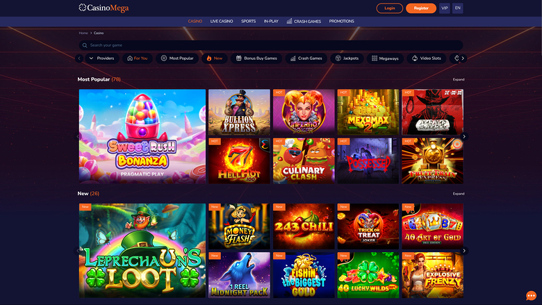 An online casino lobby page for CasinoMega showing game tiles under Most Popular and New sections.