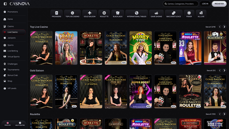 Casinova Casino — Live dealer lobby