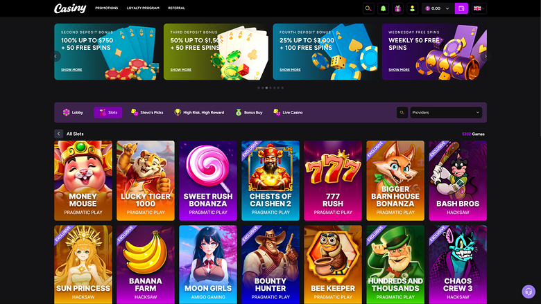 An online casino lobby page shows a row of four deposit bonus offers above a game grid with category tabs and a provider search.