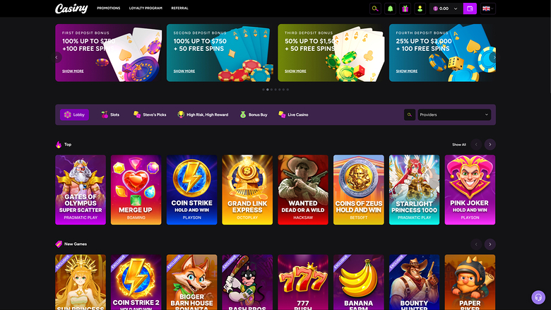An online casino lobby screen showing a top navigation bar, four deposit bonus cards, a category menu with search, and rows of game tiles.
