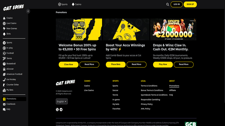 Cat Spins Casino — Promotions page