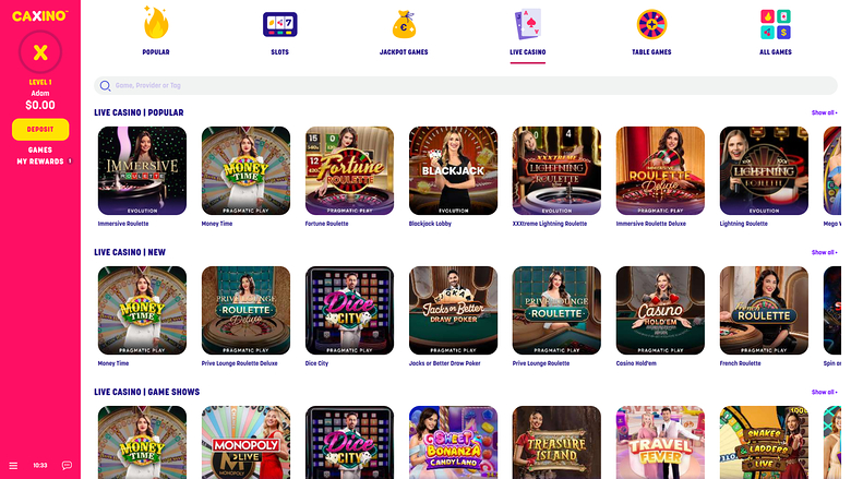 Caxino Casino — Live dealer lobby