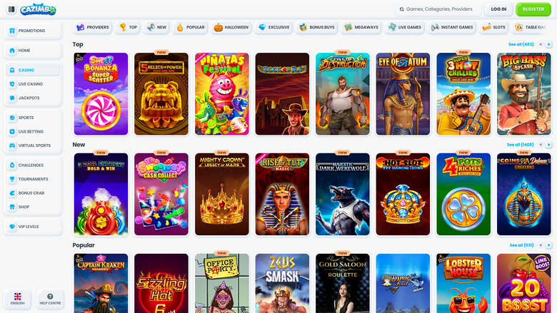 An online casino lobby screen showing rows of game tiles under Top, New and Popular headings with a left sidebar menu and top navigation bar.
