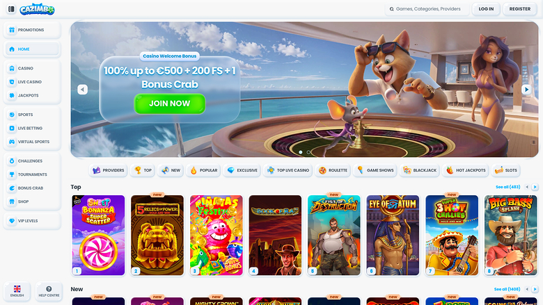 Online casino lobby homepage showing a welcome bonus hero banner, a left sidebar menu and rows of game tiles.