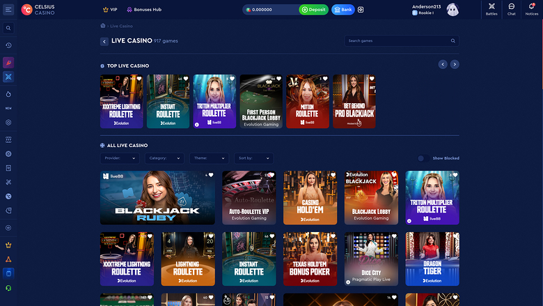 Celsius Casino — Live dealer lobby