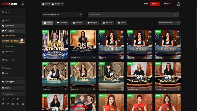 Chipstars.bet — Live dealer lobby