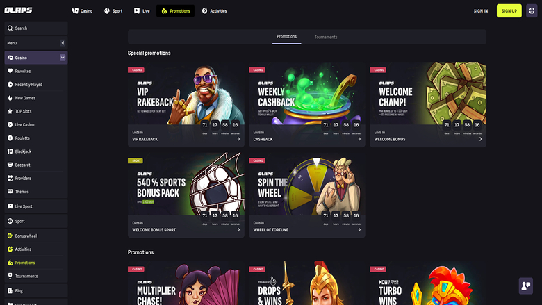 Claps Casino — Promotions page
