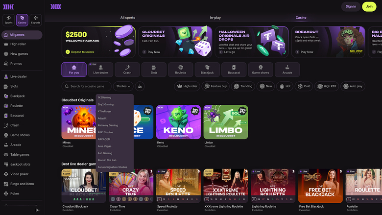 CloudBet Casino — Games by studio