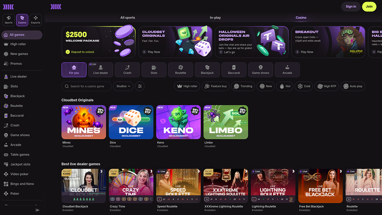 CloudBet Casino — Homepage