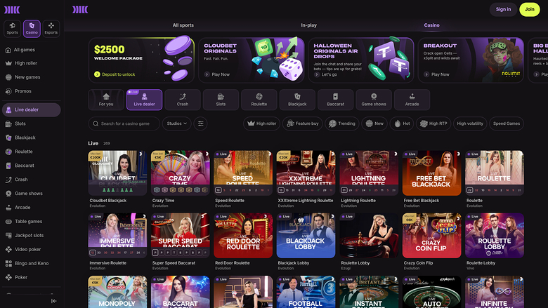 CloudBet Casino — Live dealer lobby