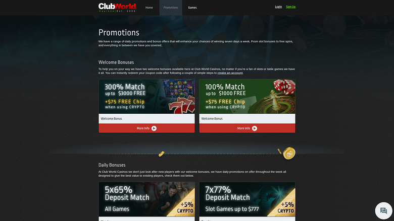 Club World Casino — Promotions page