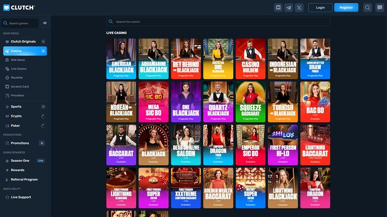 Clutch Casino — Live dealer lobby