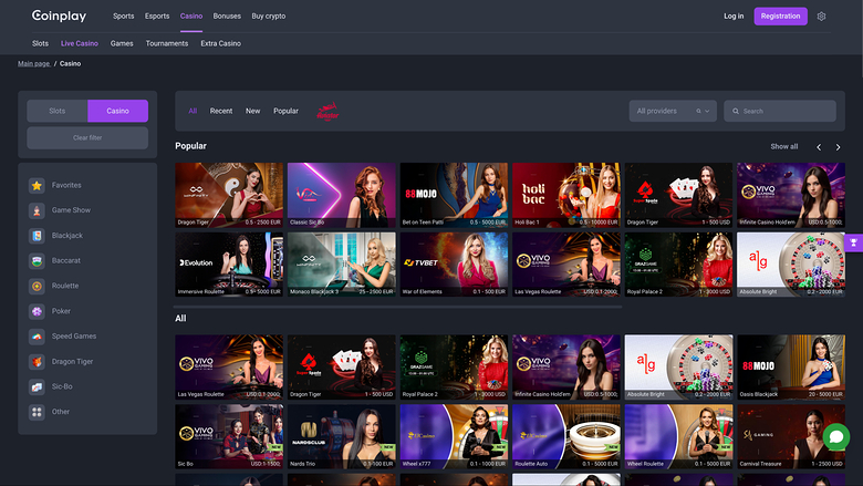 Coinplay Casino — Live dealer lobby