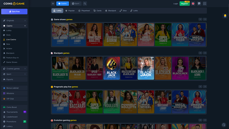 Coins Game Casino — Live dealer lobby