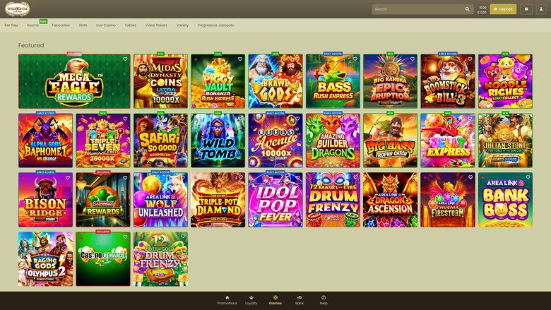 A casino lobby screen showing a 'Featured' grid of game tiles beneath a top navigation bar and search field.