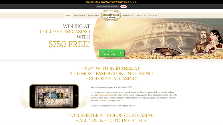 A Colosseum Casino promotional landing page offering a $750 free bonus, with a Roman-themed hero image and a smartphone showing a slot game.