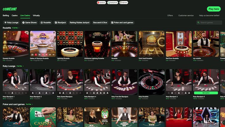 ComeOn Casino — Live dealer lobby