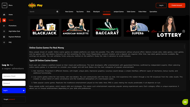ComicPlay Casino — Live dealer lobby