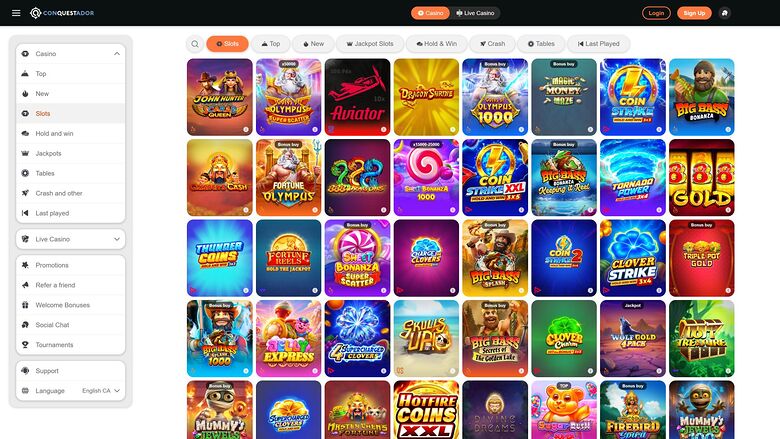 A casino lobby screen showing a grid of game tiles with a left sidebar menu and top navigation bar.