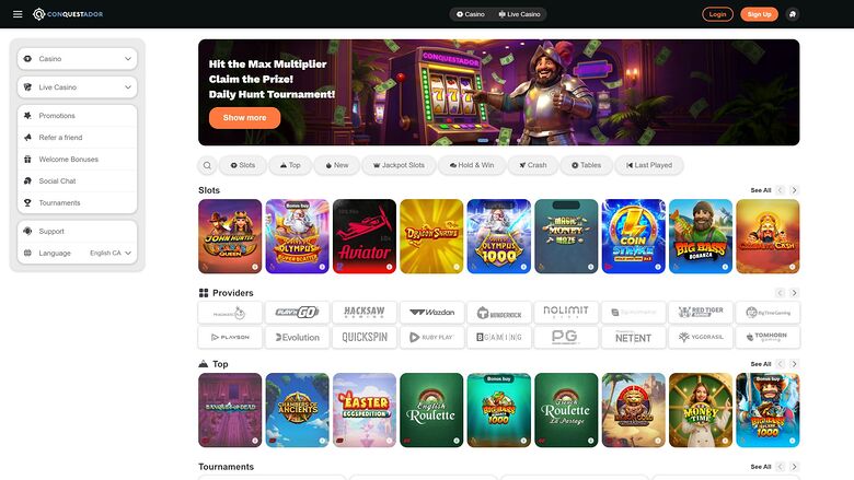 A casino lobby screen showing a promotional hero banner, a left sidebar menu, filter chips and rows of game tiles.