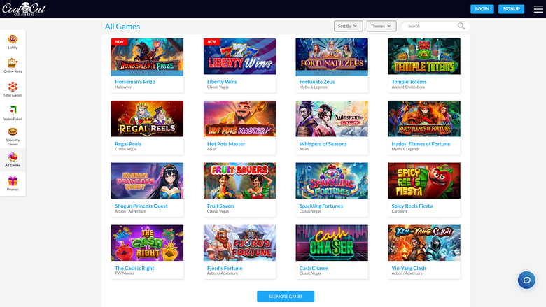 An online casino lobby page titled All Games showing a grid of game tiles with a left sidebar of categories and Login and Signup buttons in the header.