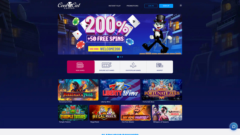 {"summary":"A casino homepage showing a welcome bonus hero banner, category tabs and a grid of game tiles.","colours":"Deep navy and dark blue background with m