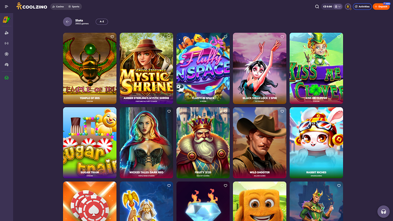 A casino lobby screen showing a grid of game tiles under a Slots tab with a left icon rail and top bar.