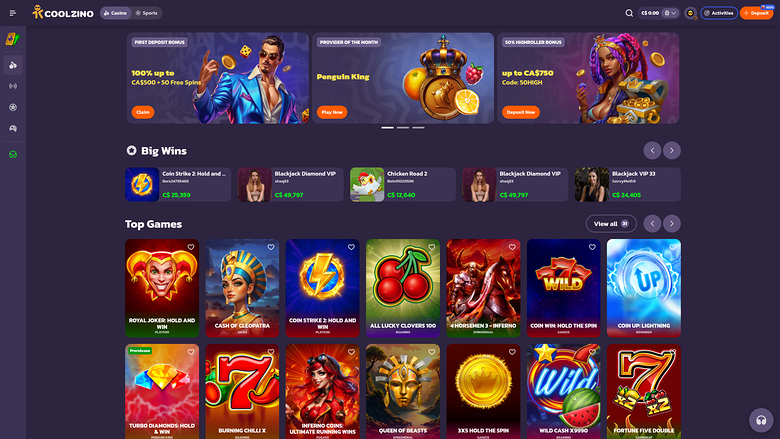 A Coolzino casino lobby screen showing promotional banners, a Big Wins strip and Top Games tiles.