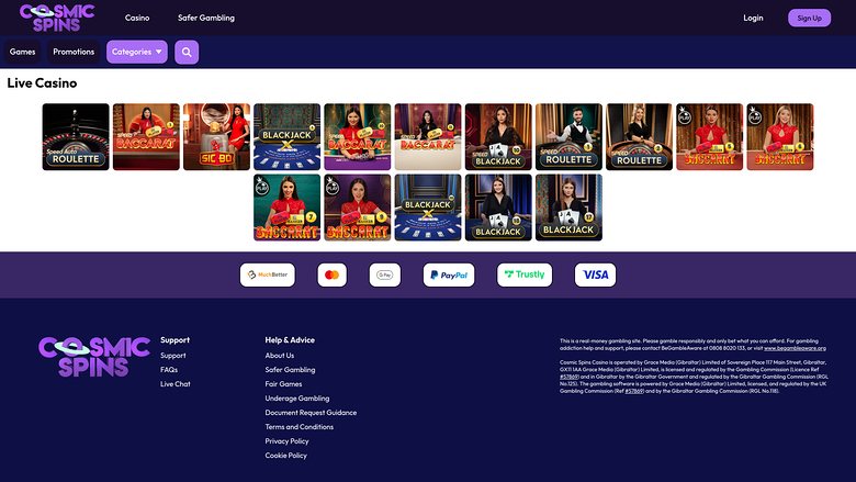 Cosmic Spins Casino — Live dealer lobby
