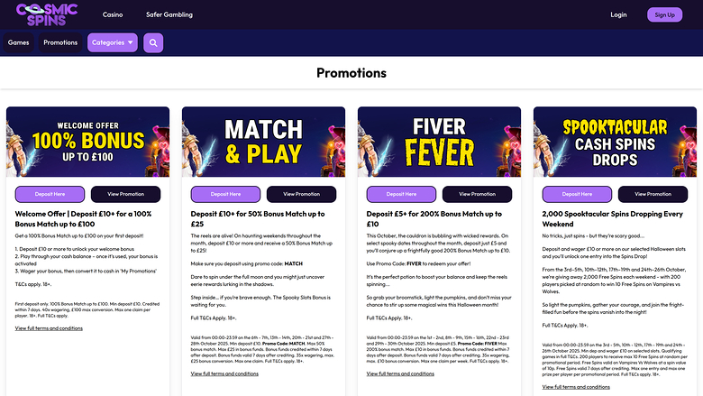 Cosmic Spins Casino — Promotions page