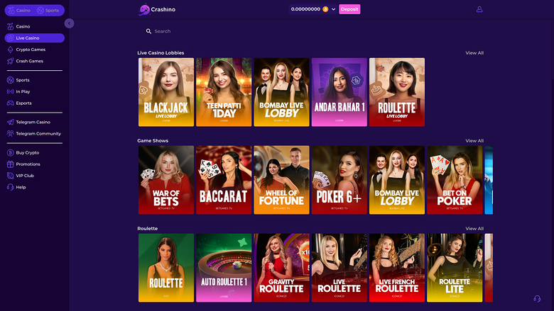 Crashino — Live dealer lobby
