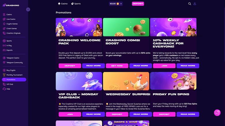 Crashino — Promotions page