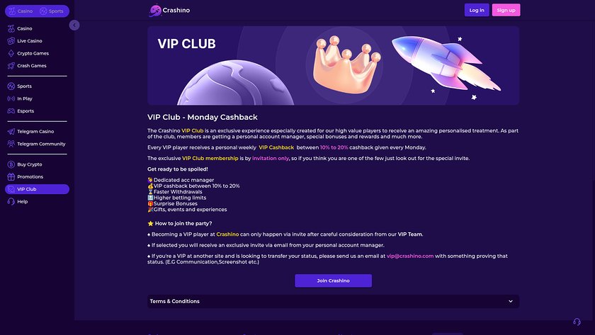 Crashino — VIP section