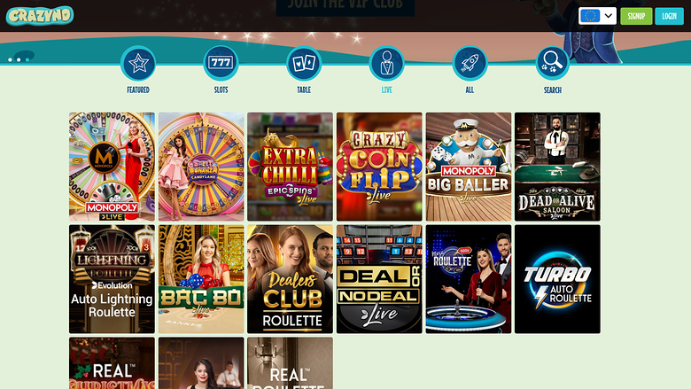 Crazyno Casino — Live dealer lobby