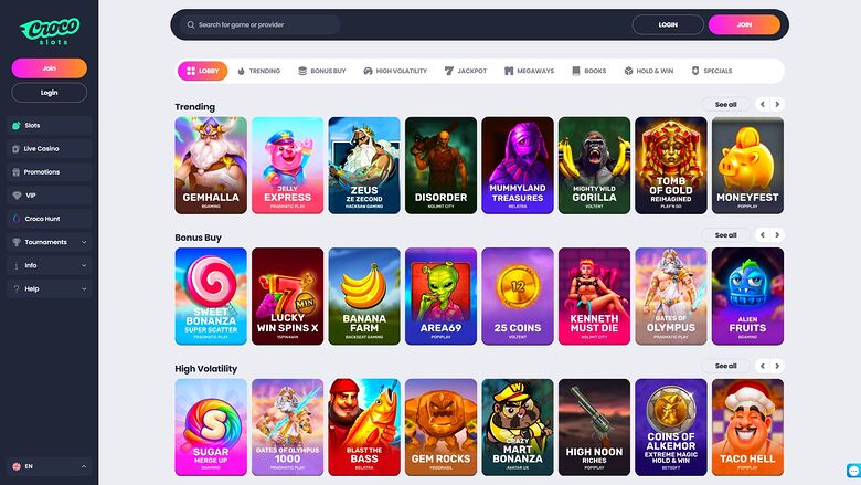 An online casino lobby screen showing a dark-themed game grid with Trending, Bonus Buy and High Volatility rows and a left sidebar menu.