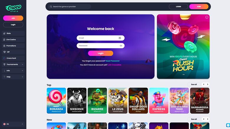 A casino website login screen with a welcome-back form, a promotional Rush Hour banner, and rows of game tiles.