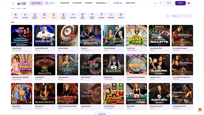 Crown Slots Casino — Live dealer lobby