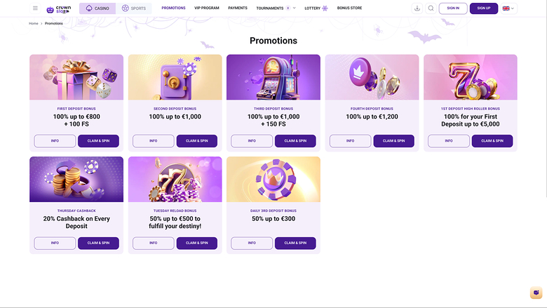 Crown Slots Casino — Promotions page