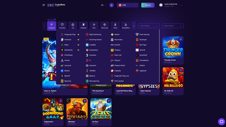 CryptoBoss Casino — Games by studio