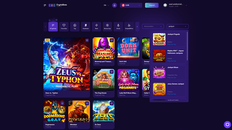 CryptoBoss Casino — Jackpot games