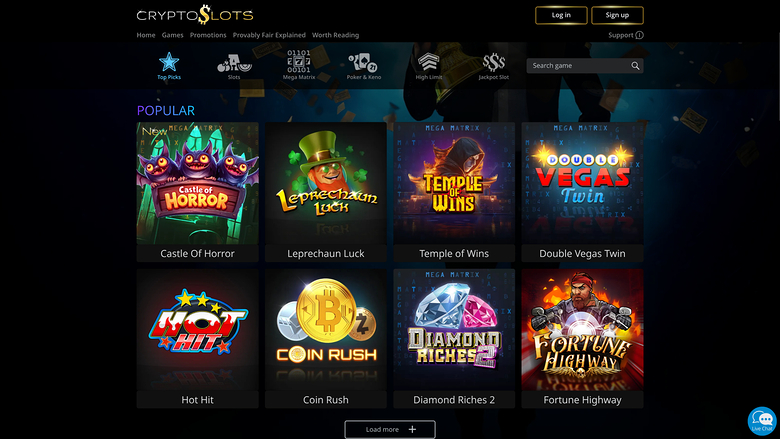 A casino lobby screen showing a 'Popular' grid of eight game tiles beneath a header and category bar.