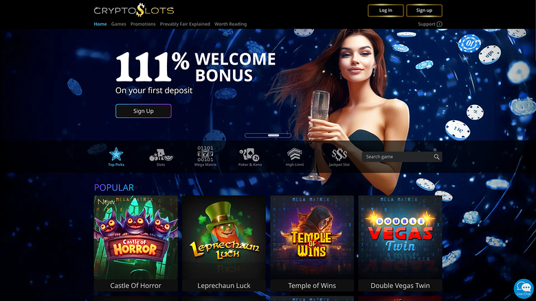 A CryptoSlots casino homepage showing a 111% welcome bonus hero banner, a category bar, and a Popular games row.