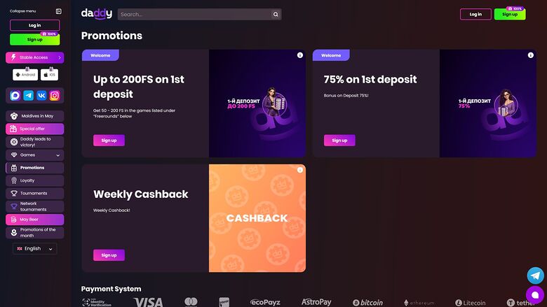 Daddy Casino — Promotions page