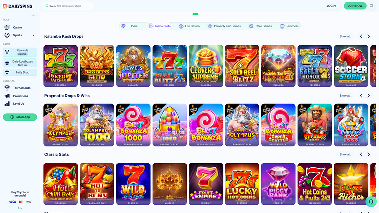 A DailySpins online casino lobby shows a top navigation bar, a left sidebar menu, and rows of game tiles under the headings Kalamba Kash Drops, Pragmatic Drops